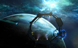 A ship heading towards a jumpgate in Jumpgate Evolution