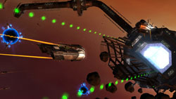 A ship following landing beacons while coming in for a landing in Jumpgate Evolution
