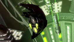 Close-up image of a ship being piloted through the close quarters of a space dock in Jumpgate Evolution