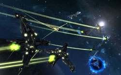 Ships streaming through space in formation in Jumpgate Evolution