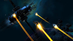 Fighters screaming towards an installation at night in Jumpgate Evolution