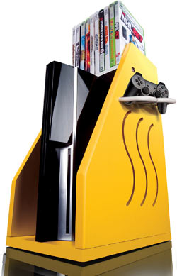 A yellow GameOn Video Gaming Console Storage unit with an Xbox 360, controller and games