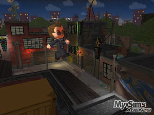An agent jumping between buildings in 'MySims Agents' An agent jumping between buildings in 'MySims Agents'
