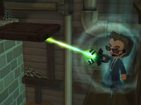 An agent using a laser gadget to do some platforming in 'MySims Agents' An agent using a laser gadget to do some platforming in 'MySims Agents'