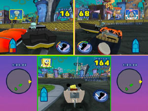 Accelleration, drive points and damage seen during a race in Spongebob's Boating Bash