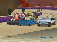 A cutscene showing Patrick, Spongebob and Sandy Cheeks racing in Spongebob Spongebob's Boating Bash