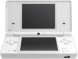 White DSi showing digital camera and larger screen included in the DSi Mario & Luigi: Bowser's Inside Story bundle