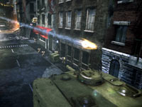 A vertical tank taking rocket fire from cover in Steel Battalion: Heavy Armor