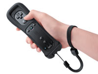 Black Wii Remote Plus controller in-hand with wrist strap and skin Black Wii Remote Plus controller in-hand with wrist strap and skin