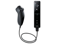Black Wii Remote Plus controller with attached black Nunchuk controller Black Wii Remote Plus controller with attached black Nunchuk controller