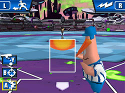 A gameplay screenshot from Nicktoons MLB for DS showing Patrick Star's control options when at bat