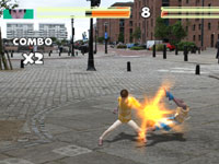 Landing a combo against an opponent in a real plaza setting in Reality Fighters
