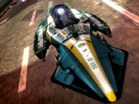 A close-up view of an antigravity vehicle during a race in WipEout 2048