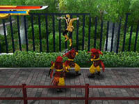 The Yellow Ranger using martial arts skills against multiple enemies in Power Rangers Samurai