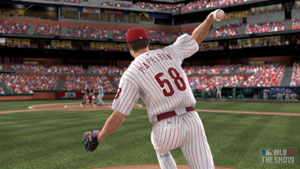 A Phillies pitcher hurling a ball from the mound in MLB 12 The Show