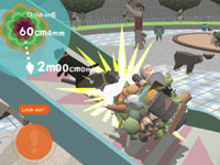 Maneuvering a katamari up a ramp while avoiding obstacles in Touch My Katamari
