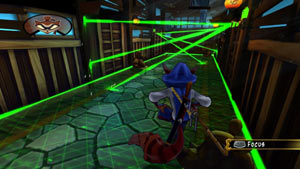 Sly Cooper navigating a light beam security system in Sly Cooper: Thieves in Time for PS Vita