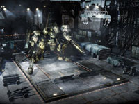 An armored core mech in a player's garage in Armored Core V