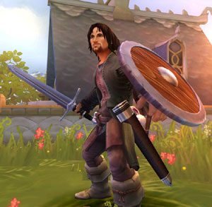 Aragorn ready with sword and shield in The Lord of the Rings: Aragorn's Quest