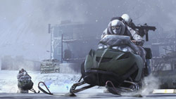 Two players teaming up on a snowmobile in 'Modern Warfare 2'