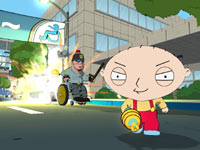 Stewie chased by a futuristic handicapped cop in Family Guy: Back to the Multiverse