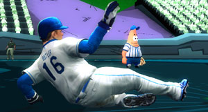 A MLB player sliding into a base as Patrick Star looks in Nicktoons MLB