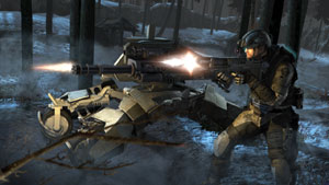 A Ghost using the firepower of a mobile drone turret as support in Tom Clancy's Ghost Recon: Future Soldier