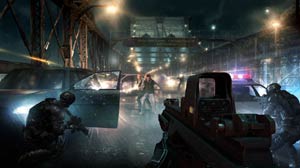 Clearing a car-filled bridge of enemy combatants in Tom Clancy's Rainbow 6 Patriots