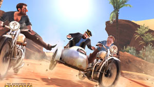 Captain Haddock and Tintin on a motorcycle and sidecar escaping from enemies in The Adventures Of Tintin: The Game