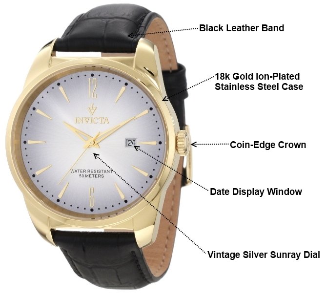 Invicta Men's 11739 Vintage Silver Dial Black Leather Watch Watches