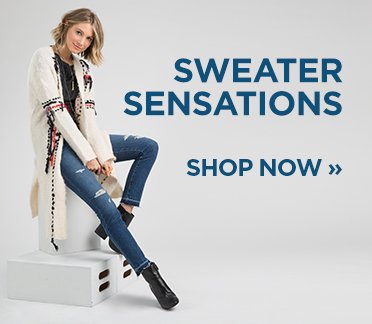 sp-1-Sweaters-1-18-2017 Sweater Sensations. Shop Now. Image of a woman in a cream long cardigan.
