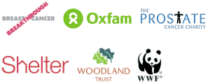 Logo for Breakthrough, Oxfam, The prostate Cancer Charity, Shelter, Woodland Trust, WWF&trade;
