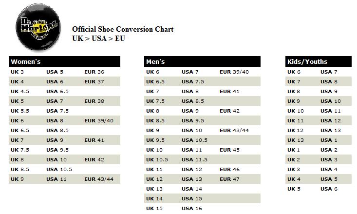 doc martens shoe size chart