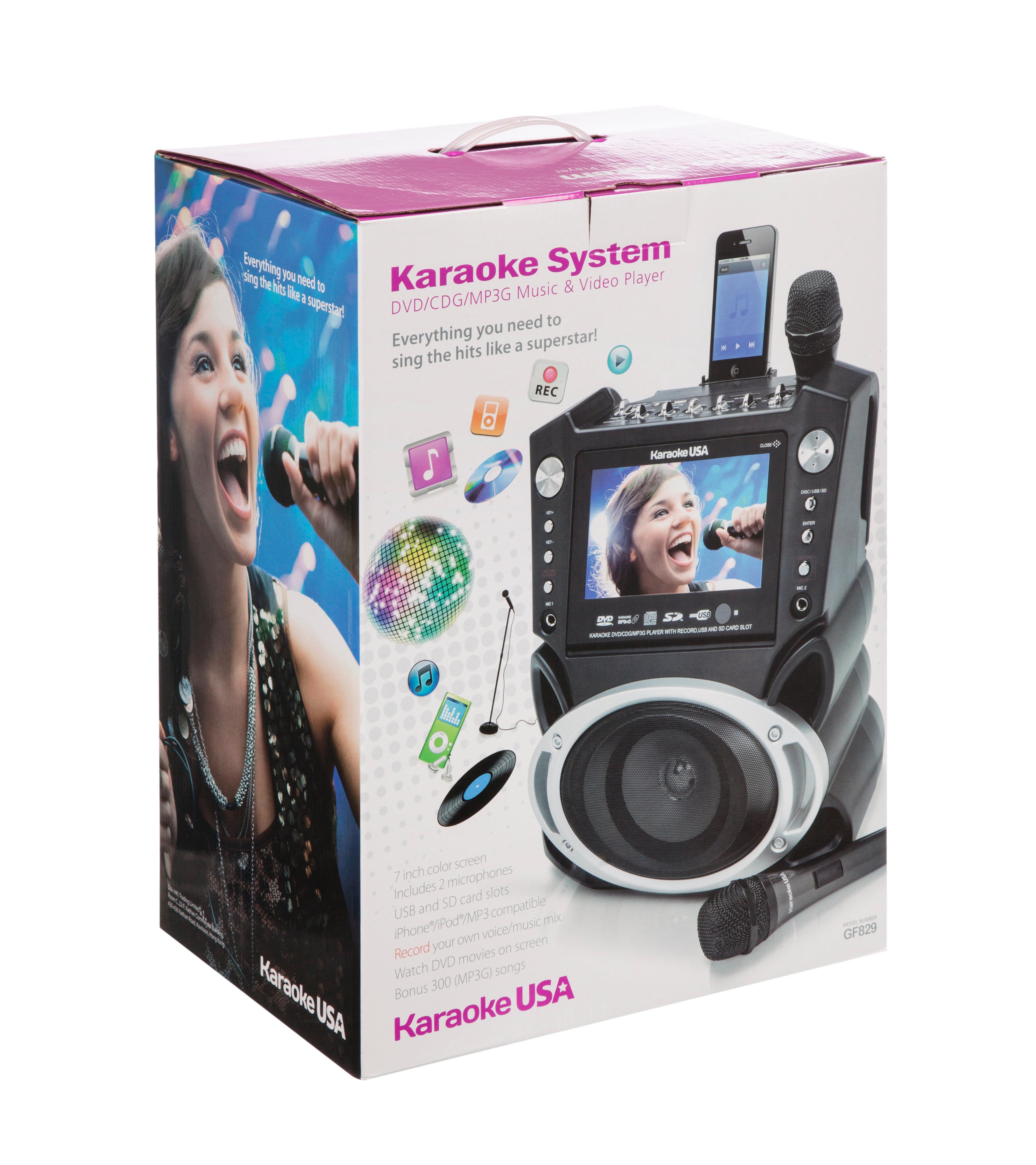 Karaoke USA GF829 Portable DVD/CDG/MP3G/CD Karaoke Machine with Large Screen, 2 Microphones, and