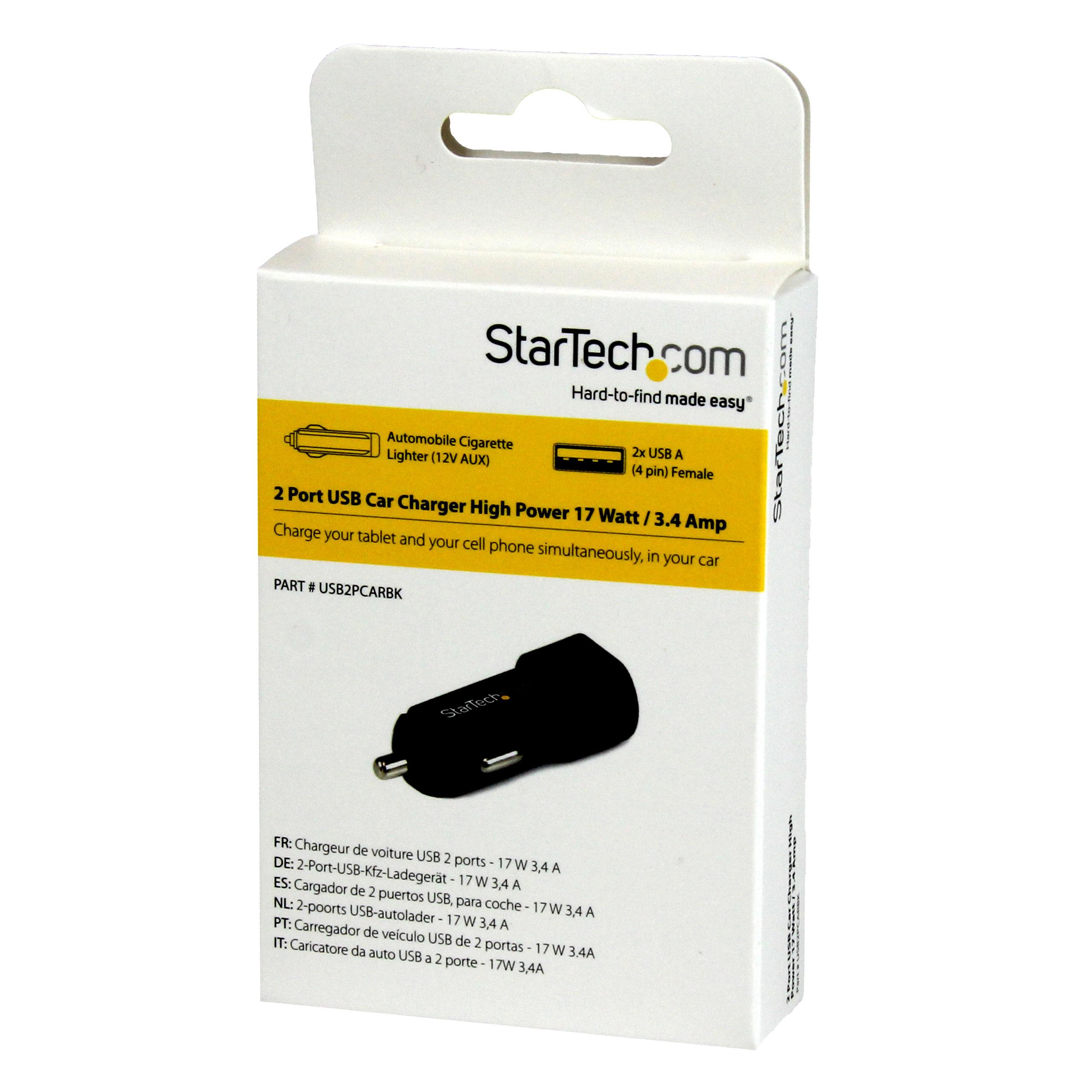 USB2PCARBK Dual Port USB Car Charger, High Power 17 Watt/3.4 Amp (1A and 2.4A), 2