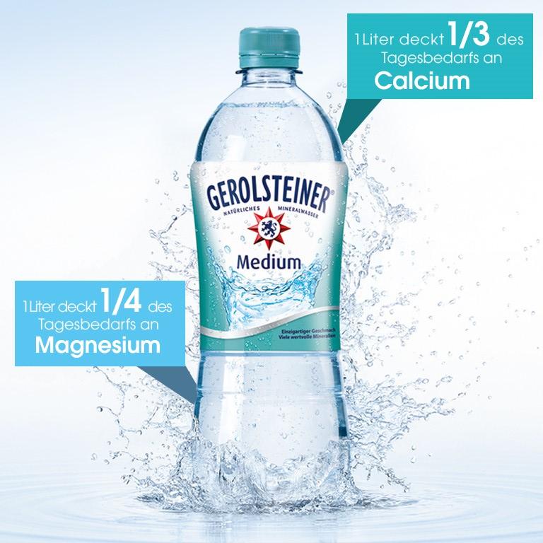 Gerolsteiner Medium, Mineralwasser mit wenig Kohlensäure, calcium und