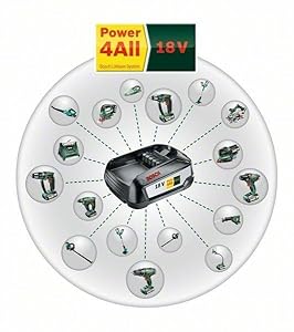 Der 18 Volt Akku von Bosch passt in jedes Elektrowerkzeugdes 18 Volt Akkusystems für Heimwerker.