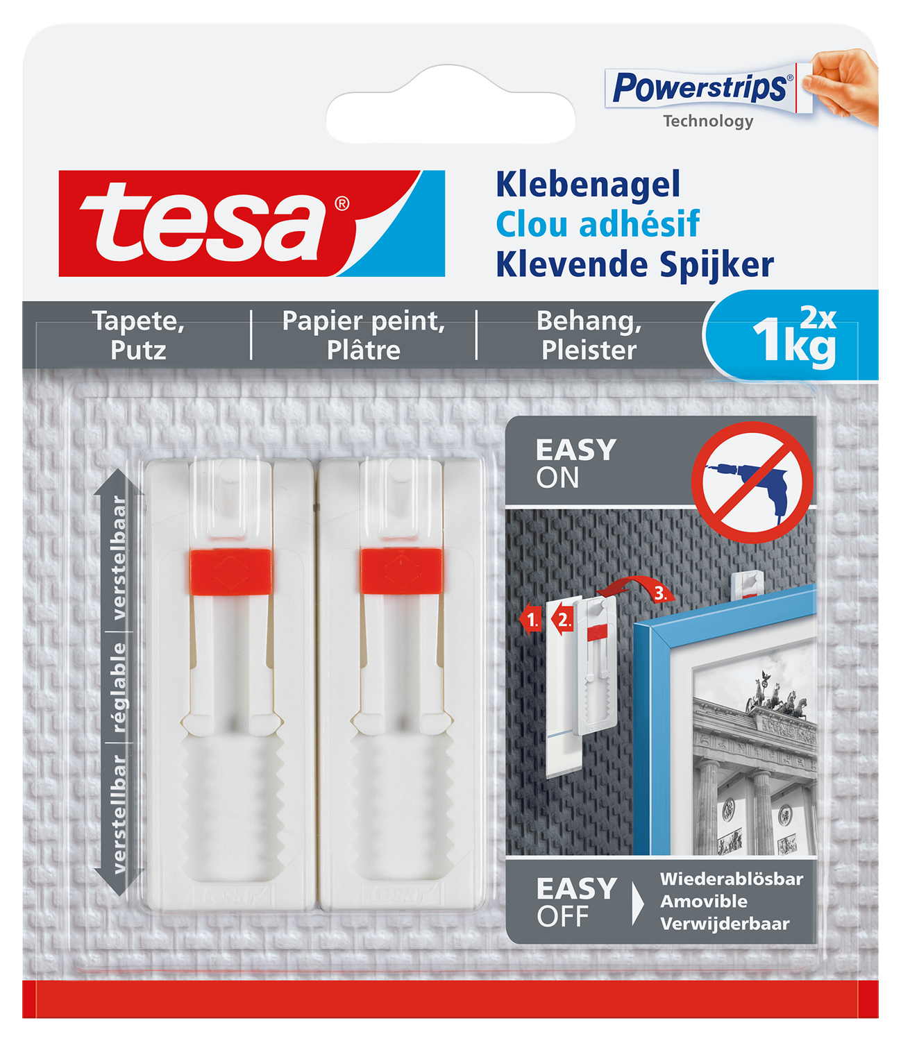 tesa Verstellbarer Klebenagel für Tapeten und Putz / Selbstklebender