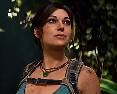 3D rendered character in adventure gear with a green pendant necklace looking upward in a jungle setting.