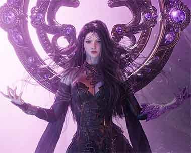 A dark sorceress with long black hair stands with arms outstretched, surrounded by ornate purple tentacles adorned with glowing gems against a mystical purple backdrop.