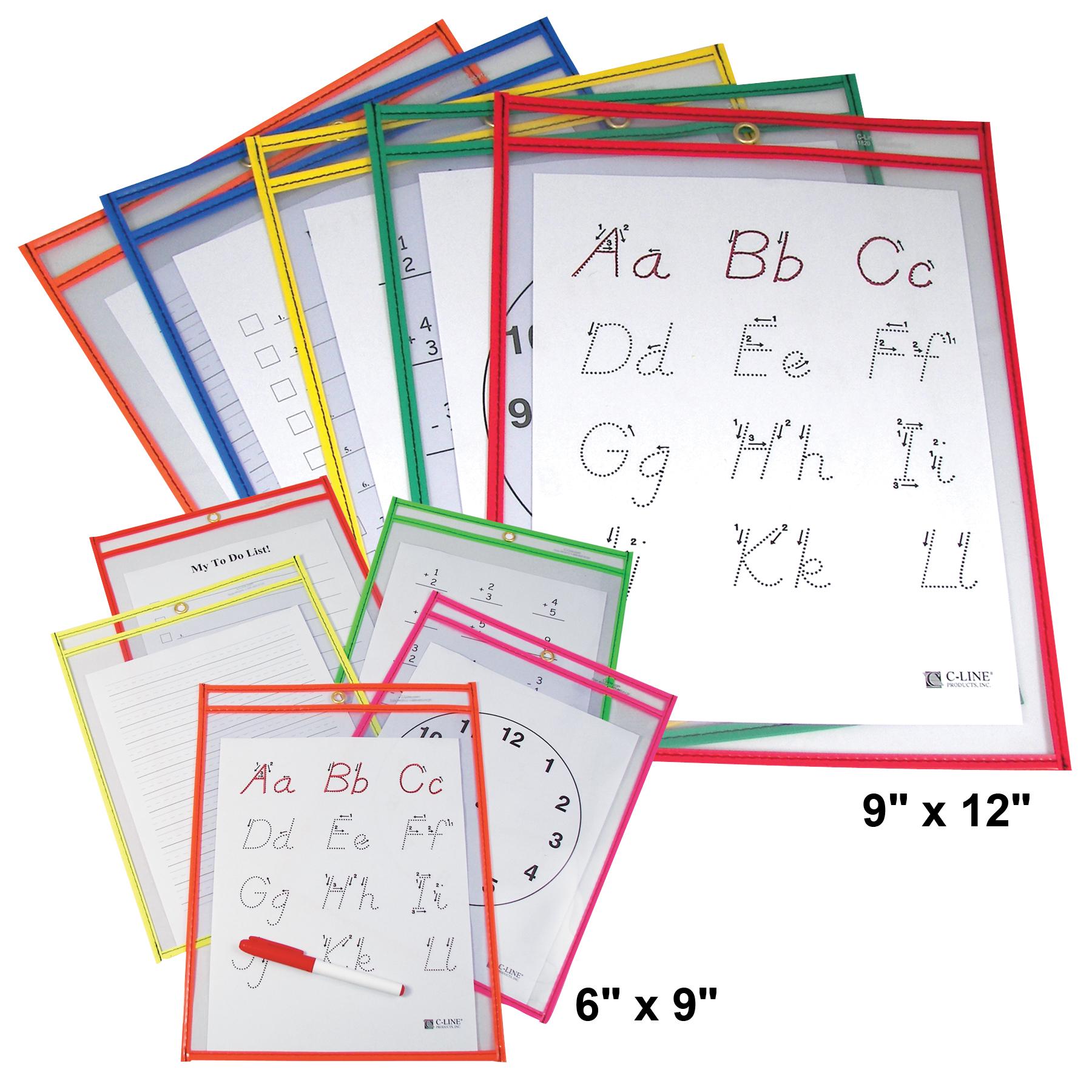 CLine Reusable Dry Erase Pockets, 9 x 12 Inches, Assorted Neon Colors, 25 Pockets per Pack