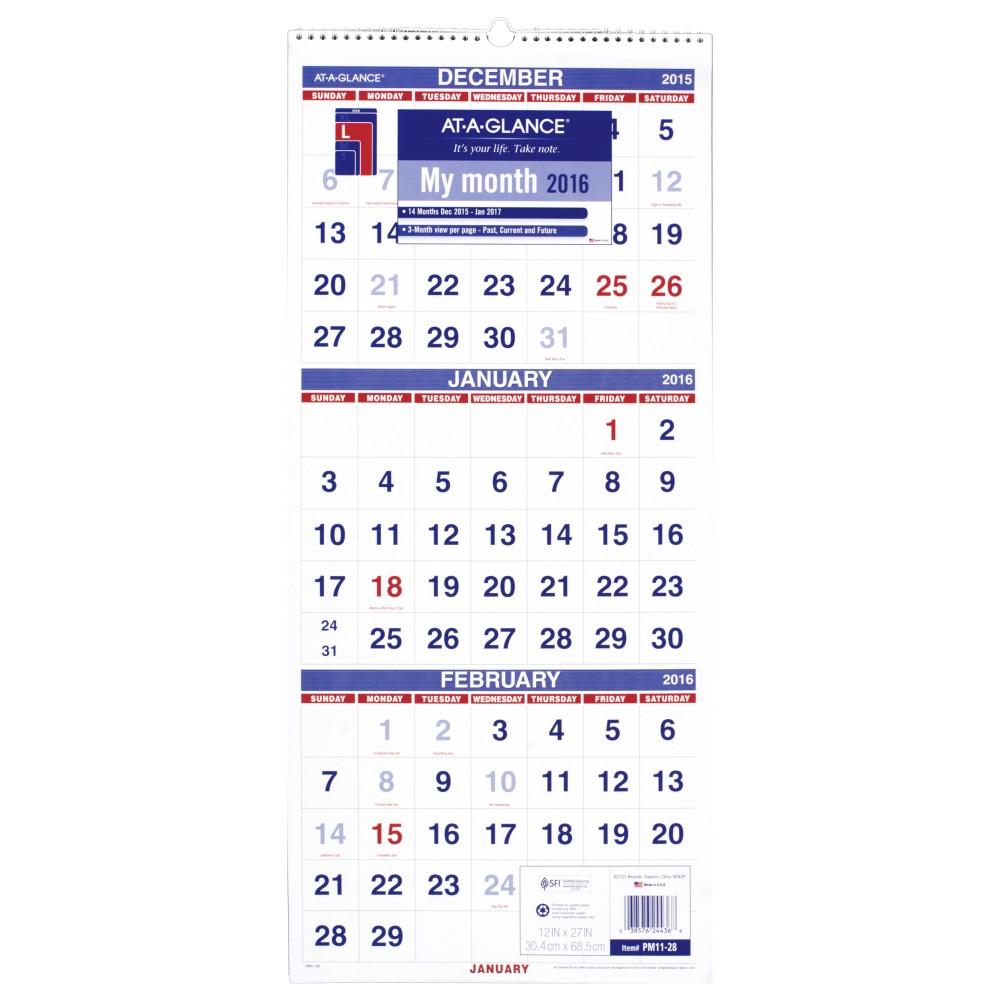 AT A GLANCE Wall Calendar 2016 Vertical 3 Month Reference 14 Months 