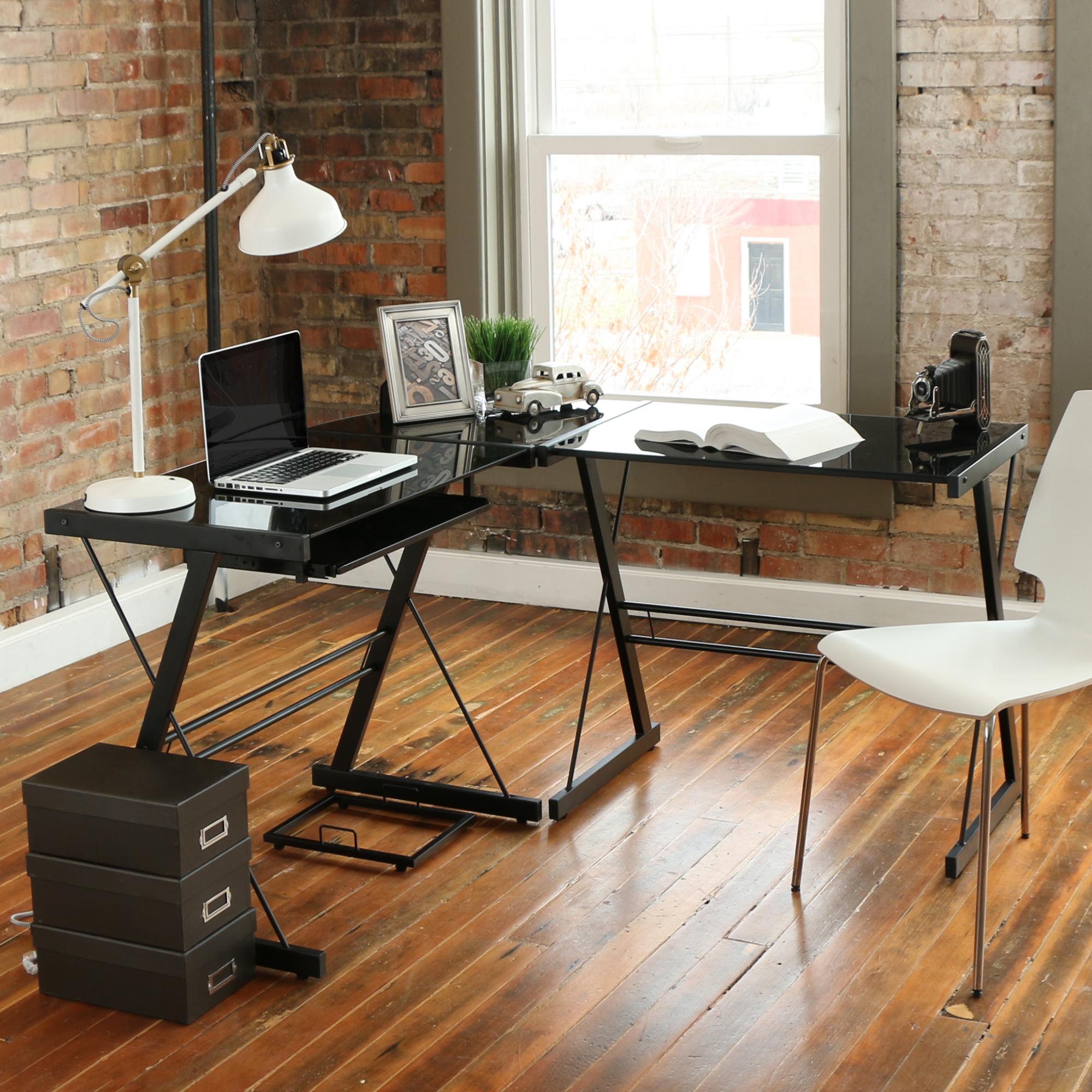 Walker Edison Soreno 3Piece Corner Desk, Black with Black Glass