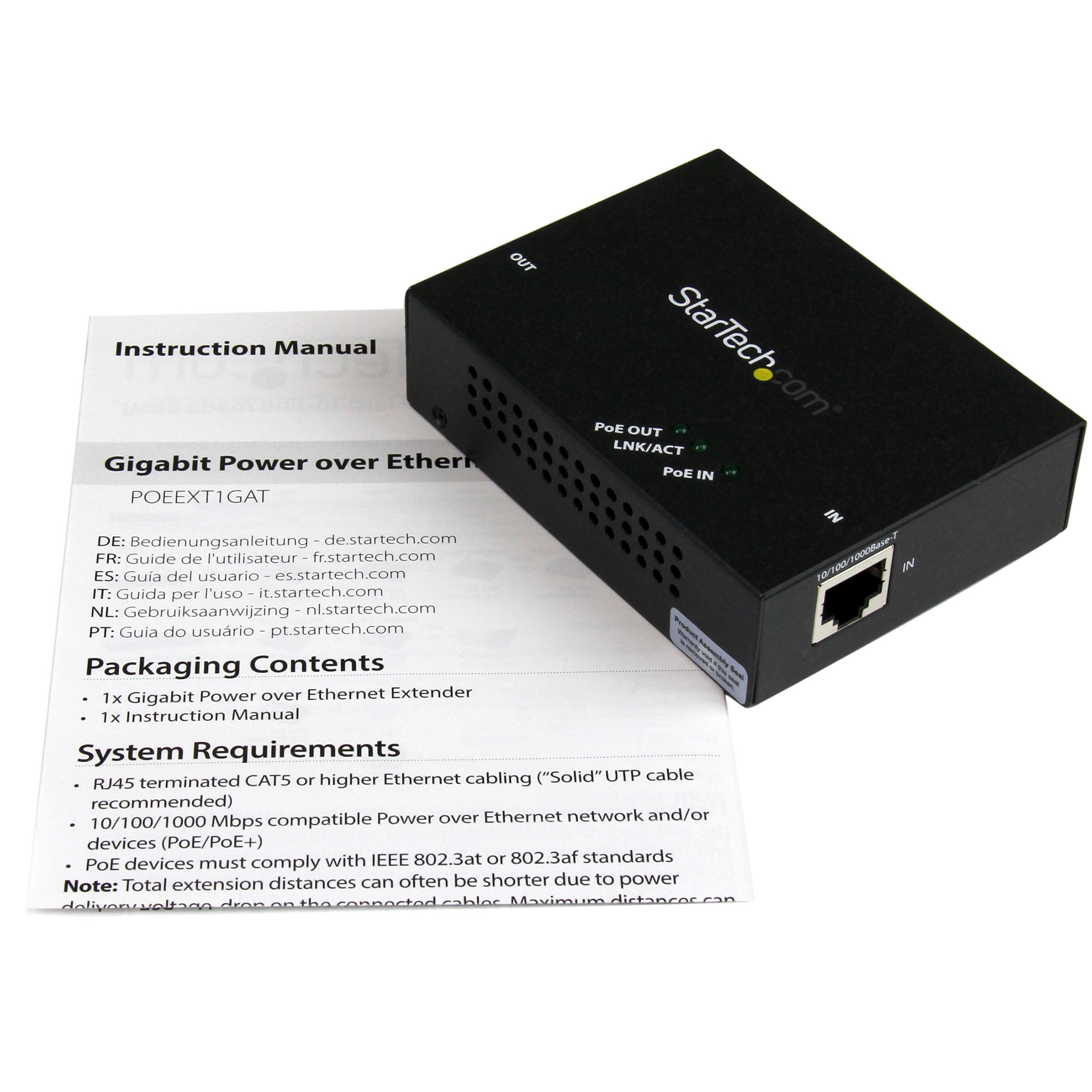 1 Port Gigabit PoE+ Extender 802.3at & 802.3af 100m