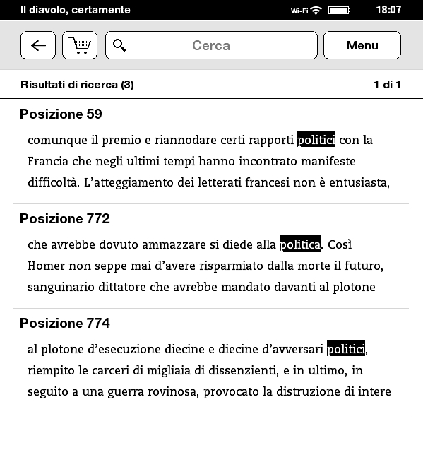 Illustration of reading location entries from search results on Kindle