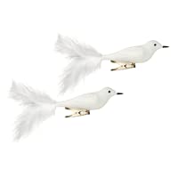 Christmas Decoration 20cm 2 Pack Clip on Metallic Birds with Feather Tail - White