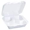 Genpak Quality To Go Snap It 3 Compartment Foam Take Out Medium Food Container Vented White, 8.25" Length x 8" Width x 3" Depth | 200/Case