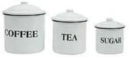 6", 5" &amp; 4" H Enameled Metal "Coffee Tea Sugar" Containers with Lids, White, Set of 3.