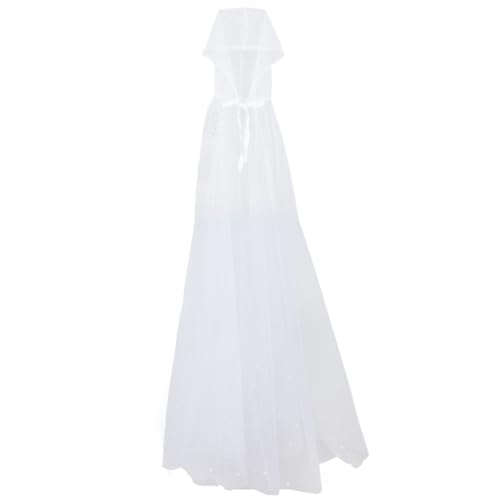 CABODYALS Women White Pearls Tulle Hooded Cape Long Train Elf Cloak With Hood Sheer Tulle Silk Fabric Vintage Solid Veil Bowknot Hooded Wedding Dresses Robe for Cosplay Party Costume Bride Clothes