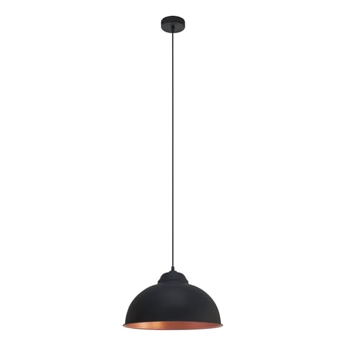 EGLO Pendellampe Truro, Vintage Pendelleuchte im Industrial Design, Retro Hängelampe aus Stahl, schwarz, kupfer, E27 Fassung, Ø 37 cm